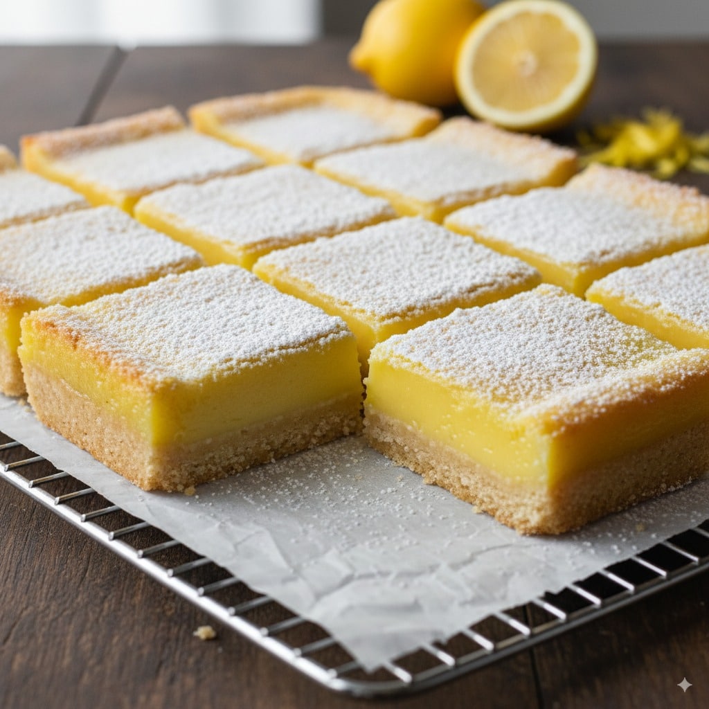 Homemade lemon bars with a buttery crust and tangy lemon filling, dusted with powdered sugar and cut into squares.