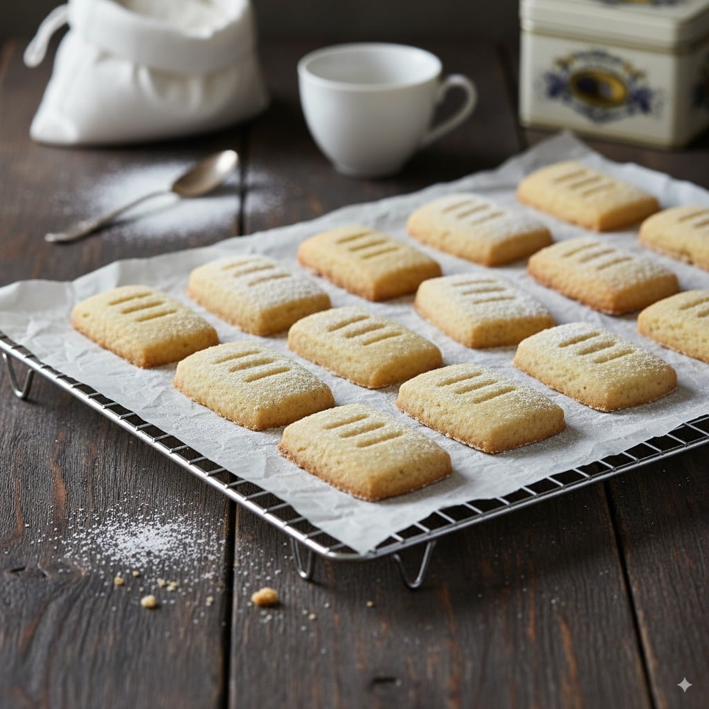 Golden shortbread cookies cooling on a wire rack, dusted lightly with powdered sugar.