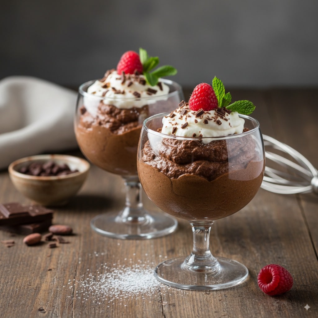 Elegant chocolate mousse served in glass cups, topped with whipped cream, chocolate shavings, fresh raspberries, and mint leaves.