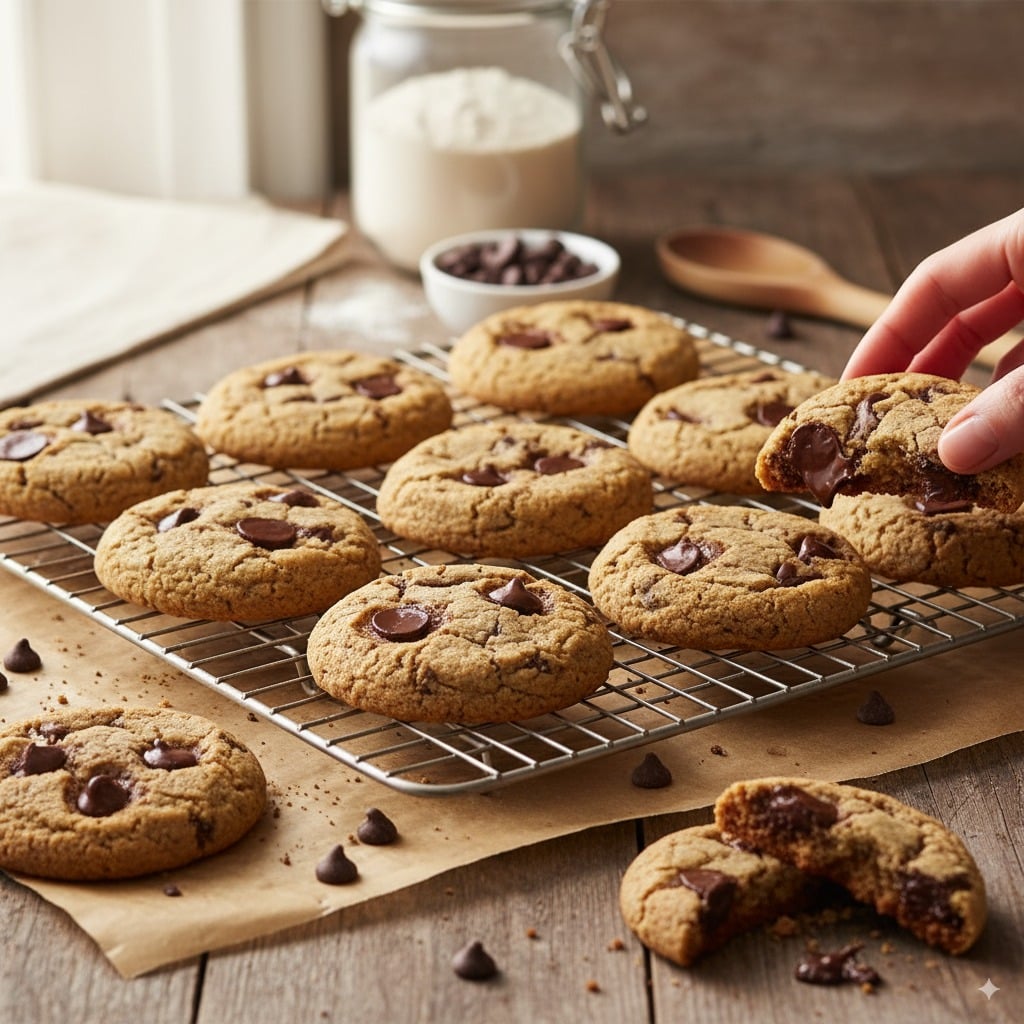 Homemade chocolate chip cookies with gooey melted chocolate, cooling on a wire rack with baking ingredients in the background.