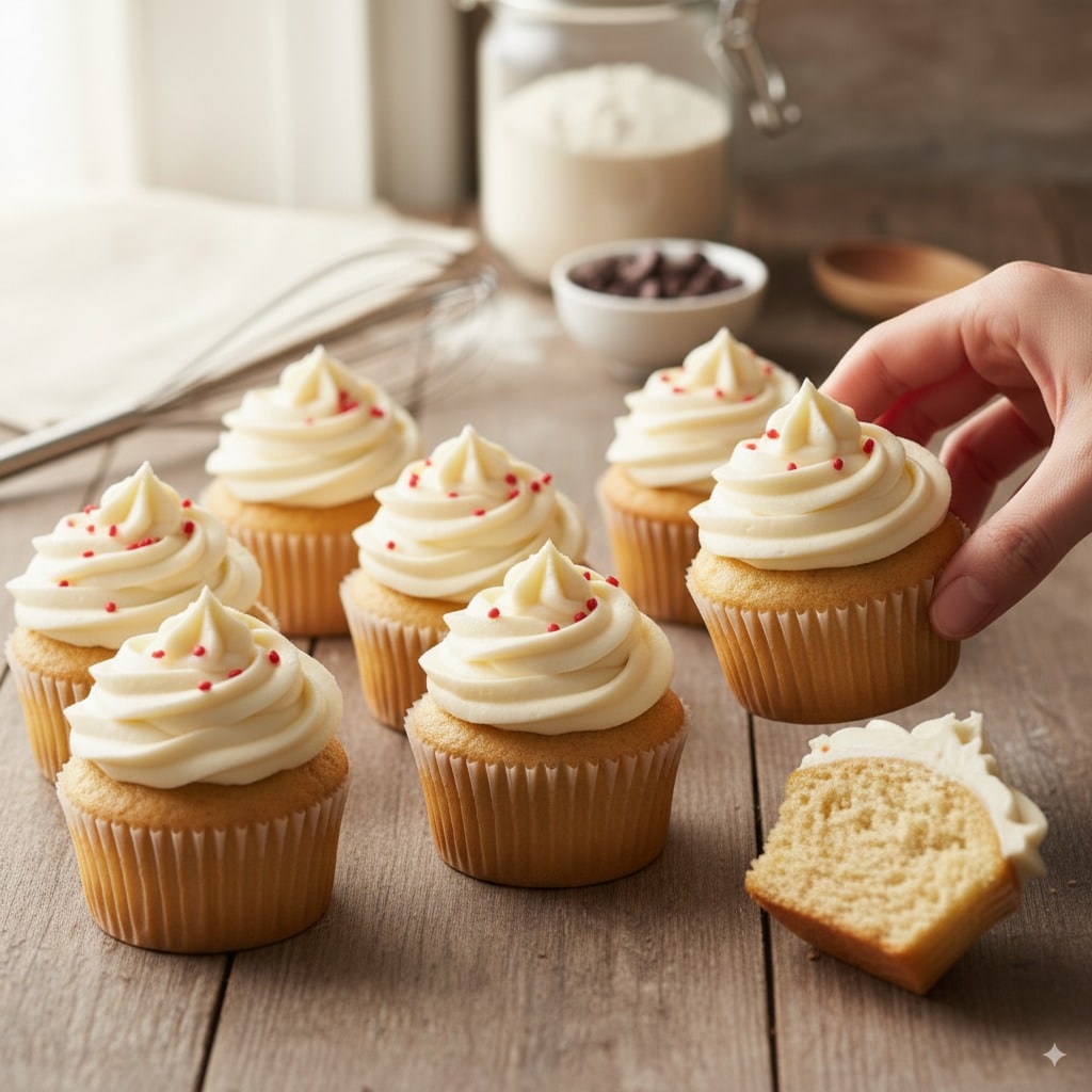 Homemade vanilla cupcakes topped with swirls of buttercream frosting and sprinkles, arranged on a wooden table.