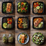Collage of 8 Easy Weight Loss Meal Prep Recipes including chicken, salmon, quinoa, chickpeas, sweet potatoes, and vegetables