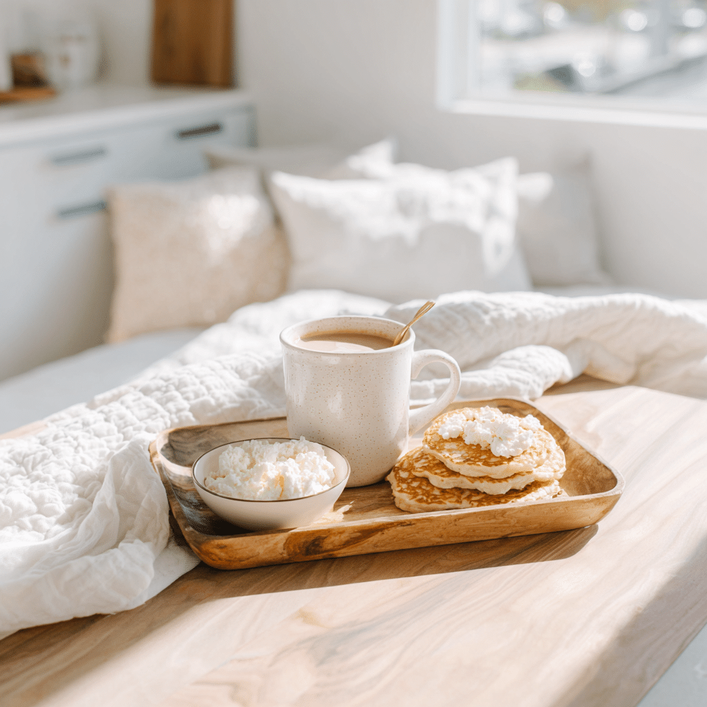 Bright morning serving of protein coffee and gluten-free breakfast