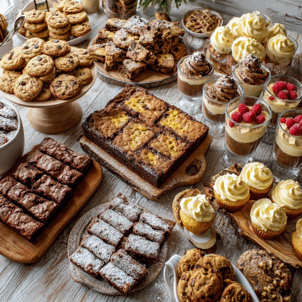 A rustic dessert table filled with gluten free treats including brownies, cookies, cupcakes, and chocolate mousse cups topped with cream and raspberries.