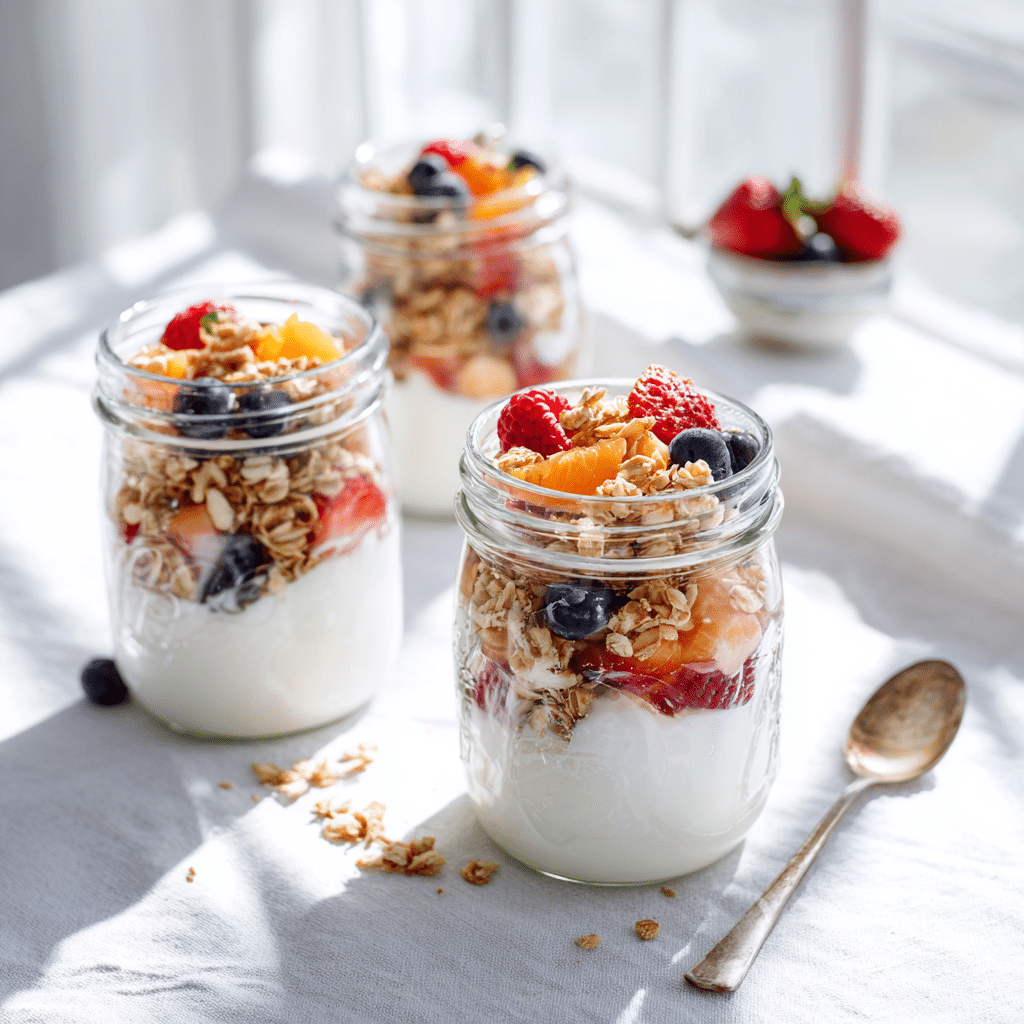 Bright morning setting with gluten-free yogurt parfaits in mason jars