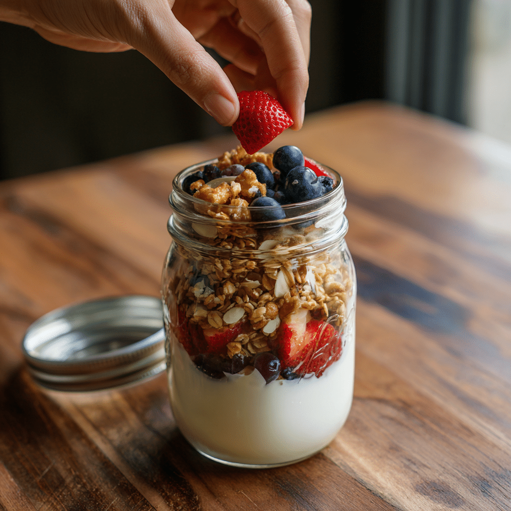 Layering gluten-free yogurt parfaits into mason jars