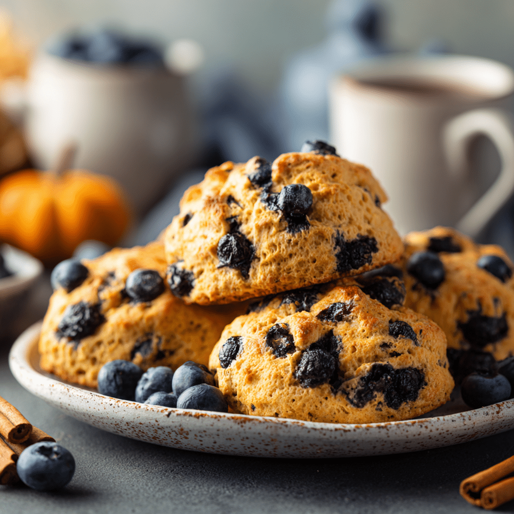Freshly baked moist gluten-free blueberry scones on a rustic plate with blueberries bursting.