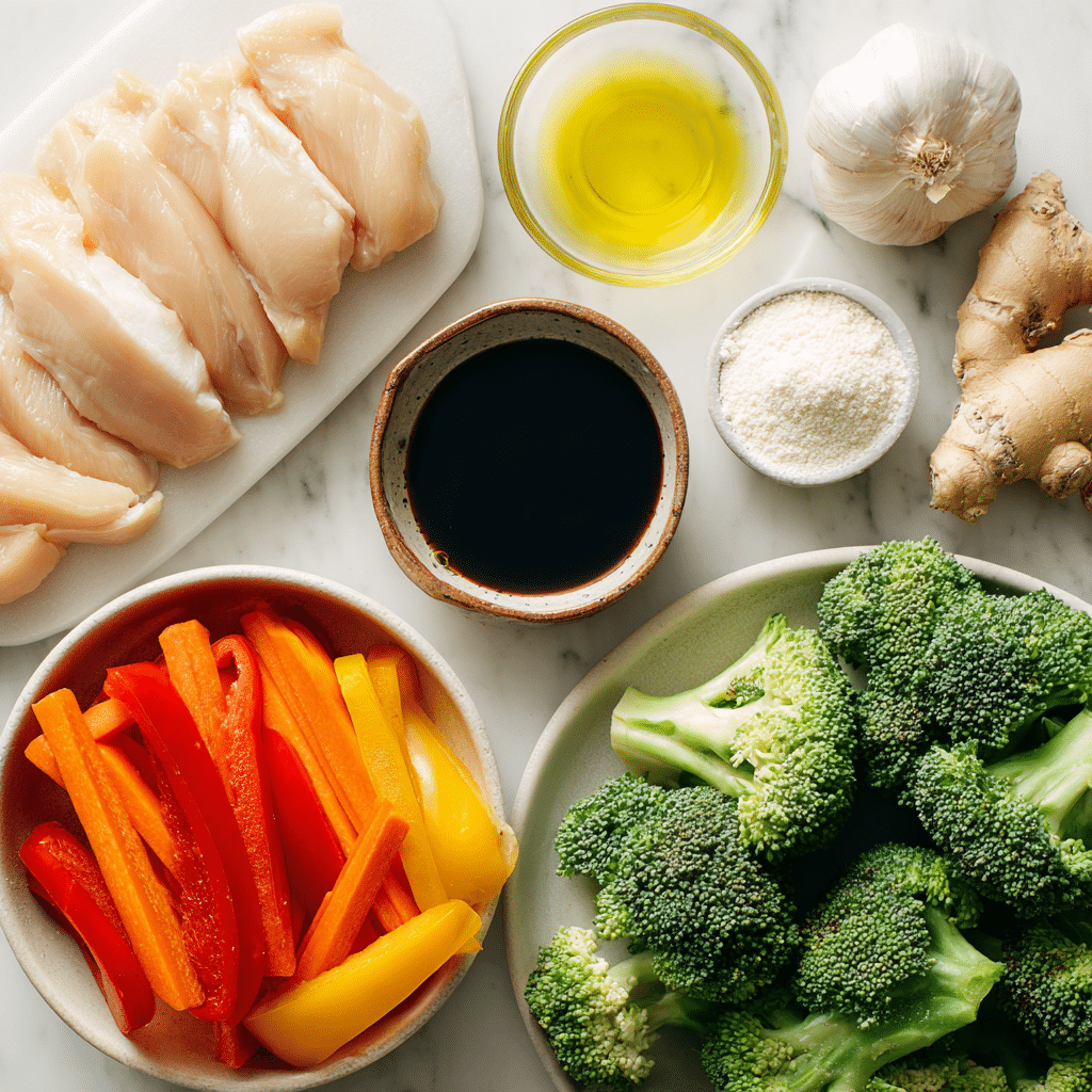 Gluten-free stir-fry ingredients with chicken and fresh vegetables