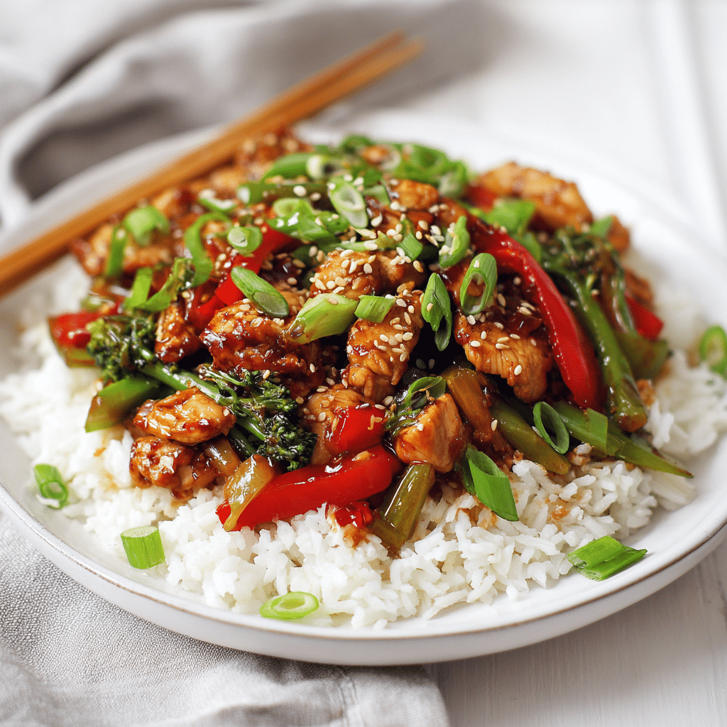 Served gluten-free chicken stir-fry with veggies over rice