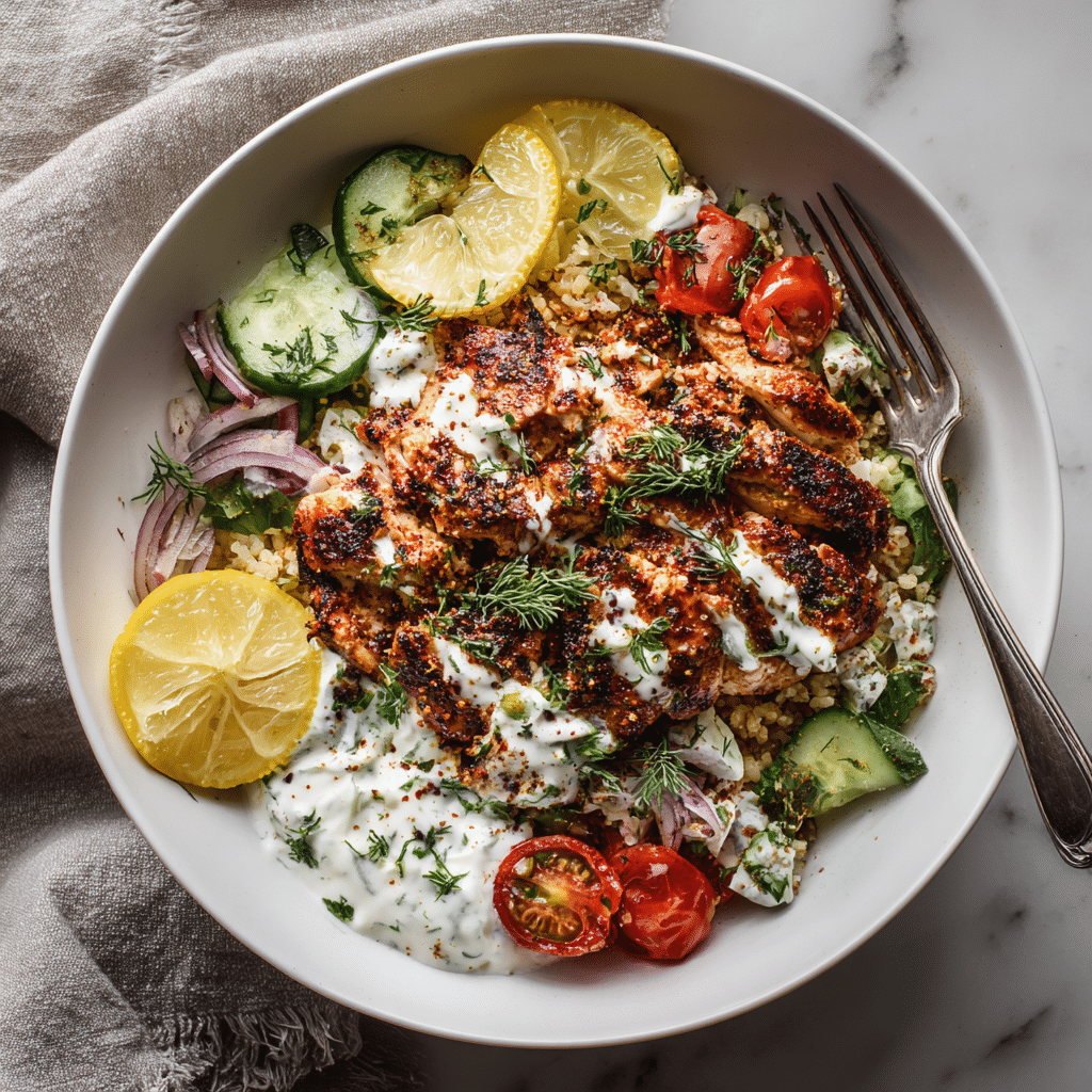 Served Greek Chicken Bowl with Brown Rice