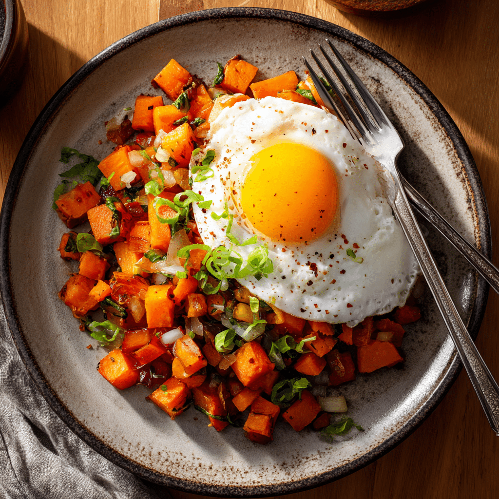 serving sweet potato and veggie hash with egg