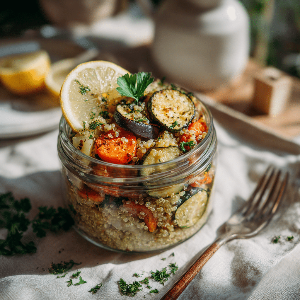 Served quinoa and roasted veggie salad