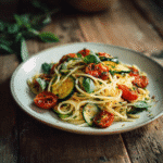 Zucchini with pasta and tomatoes on a Tuscan table