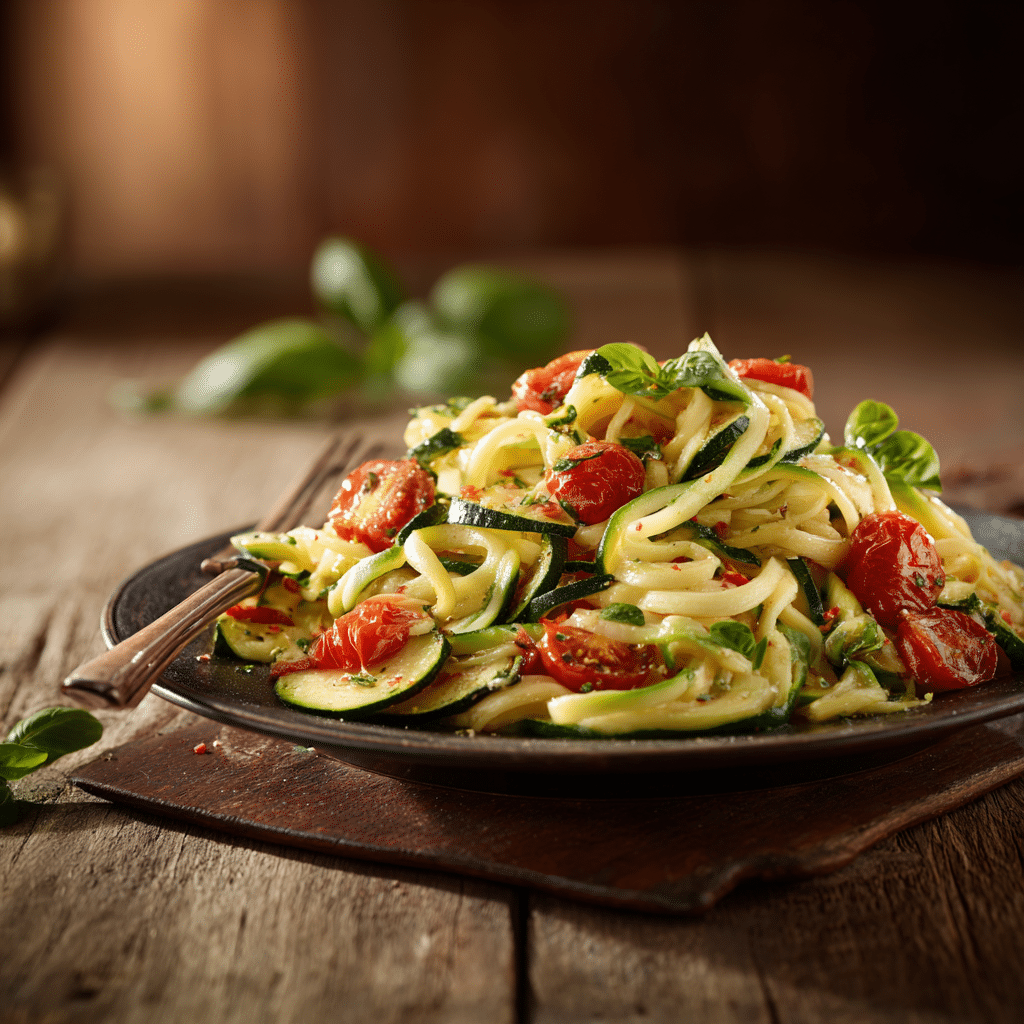 Finished zucchini with pasta and tomatoes bowl