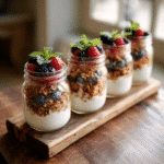 Mason Jar Gluten-Free Yogurt Parfaits lined up in a rustic kitchen