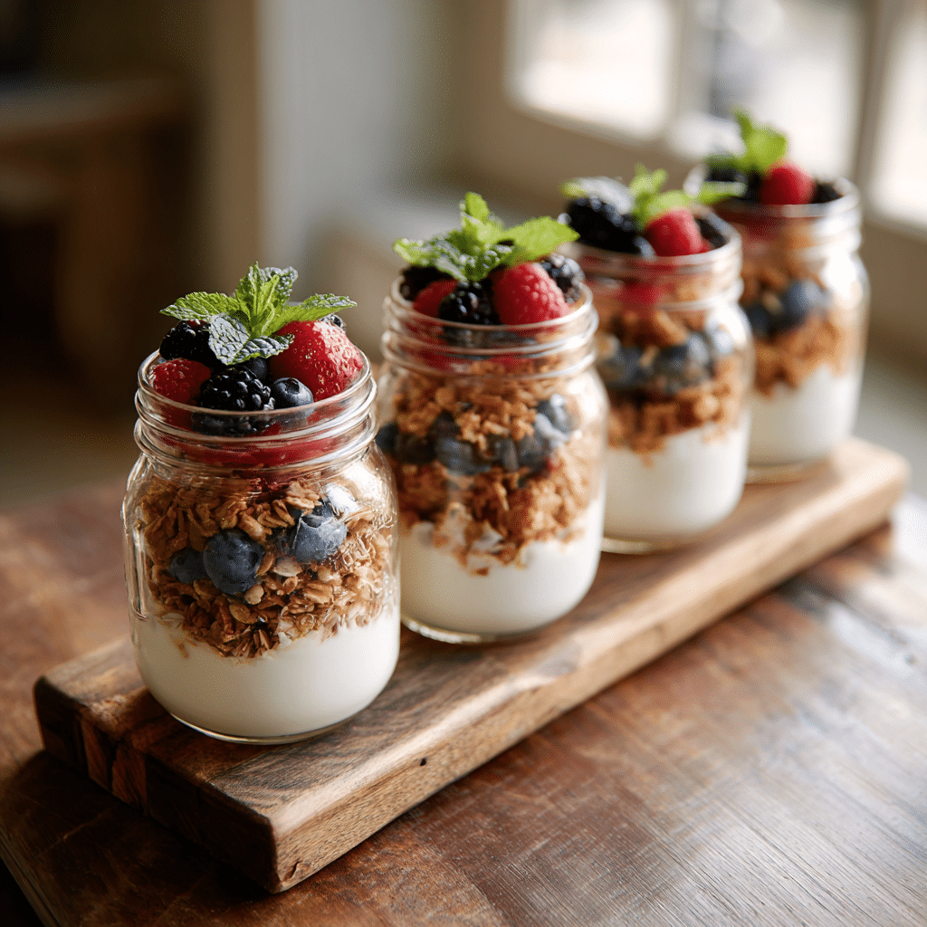 Mason Jar Gluten-Free Yogurt Parfaits lined up in a rustic kitchen