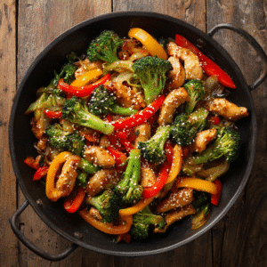 Quick gluten-free chicken stir-fry with veggies in wok