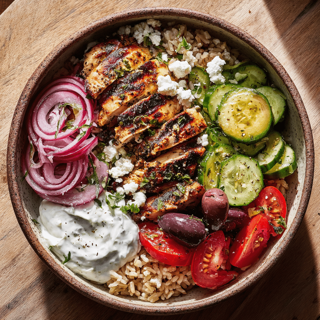 Greek Chicken Bowls with Brown Rice served fresh