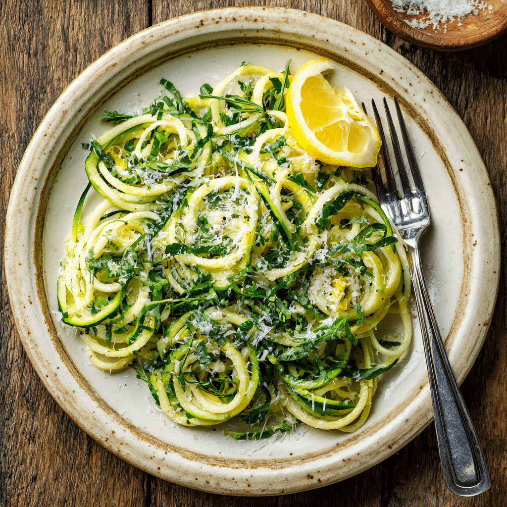 plated zucchini noodles low calorie meal