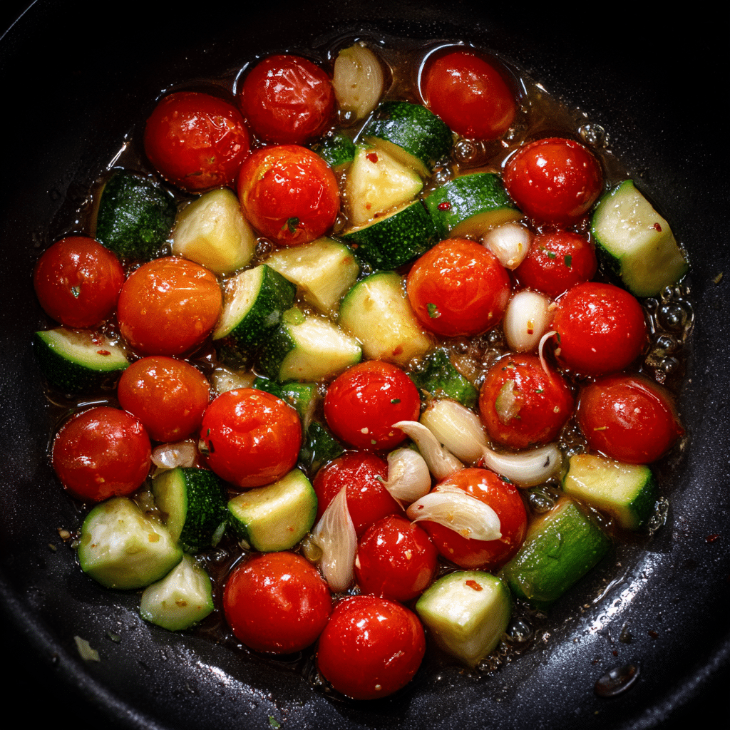 Pasta mixing with zucchini and tomato sauce