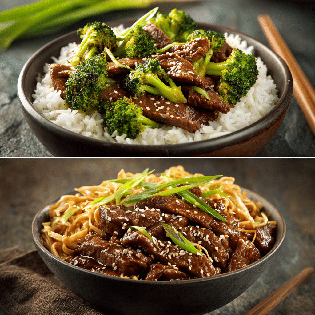 Chinese Beef and Broccoli served over rice and noodles, garnished with sesame seeds and green onions