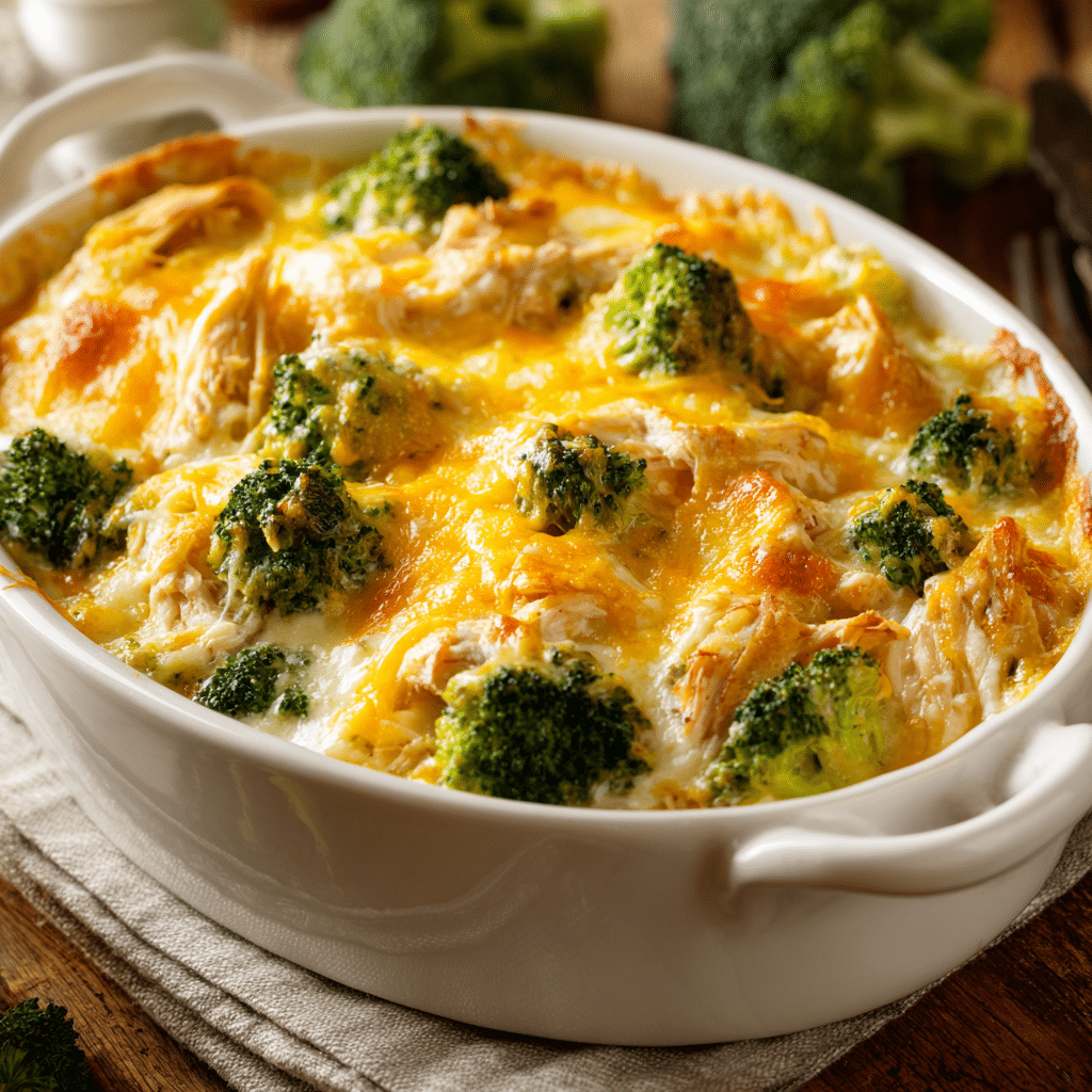 Baked gluten free chicken broccoli casserole topped with golden melted cheese in a white dish.