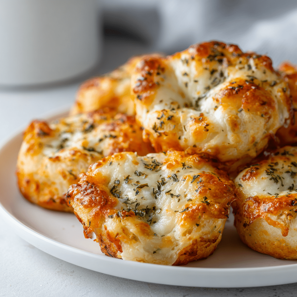 Close-up of freshly baked gluten free pizza bites with golden crust and melted cheese on a white plate.