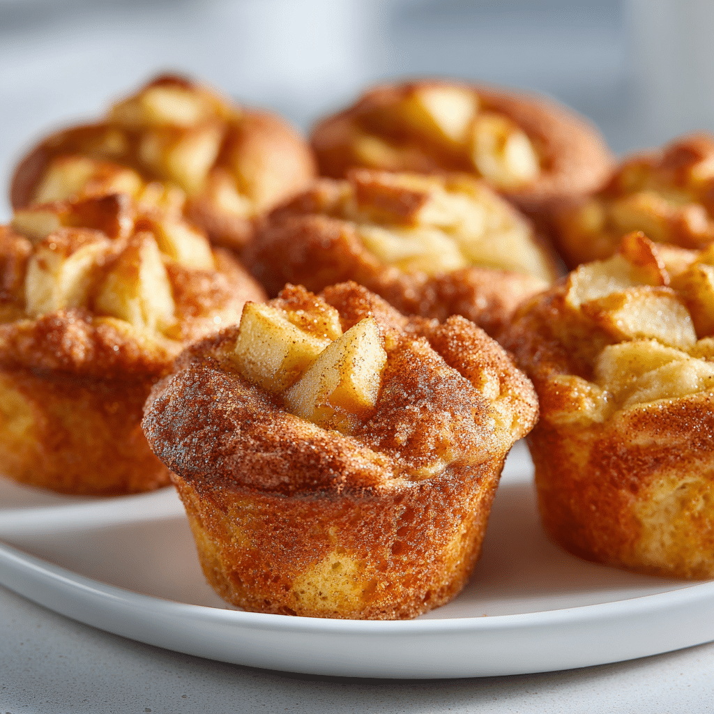Freshly baked mini apple muffins (vegan and gluten-free) on a white plate, topped with cinnamon sugar, with diced apples visible.