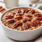 Close-up of gluten free pecan pie baked oatmeal topped with golden toasted pecans in a white ceramic baking dish