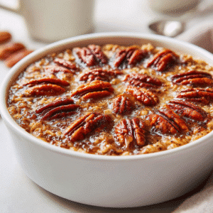 Close-up of gluten free pecan pie baked oatmeal topped with golden toasted pecans in a white ceramic baking dish