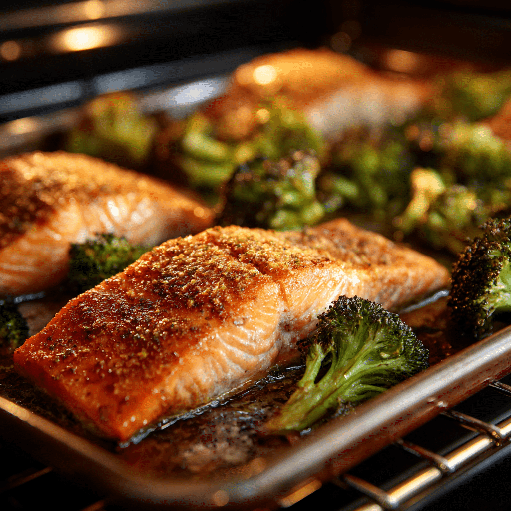 roasted salmon with broccoli in oven