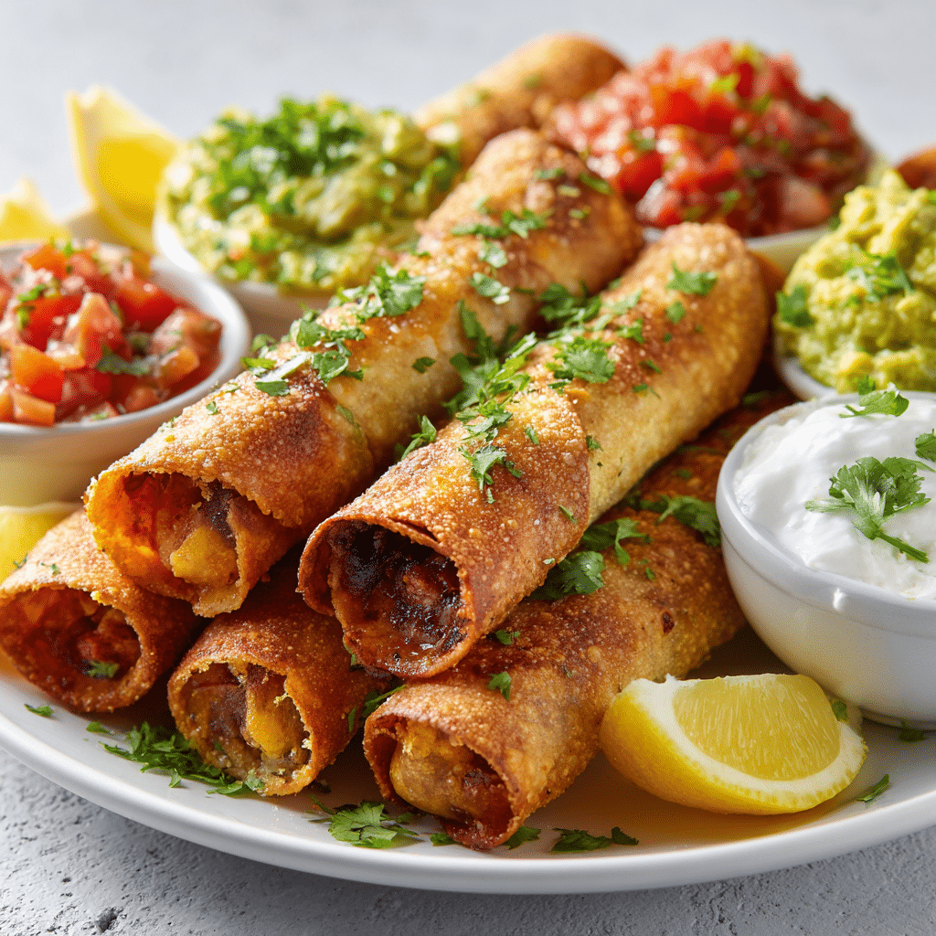 Platter of chicken taquitos with dips and garnish