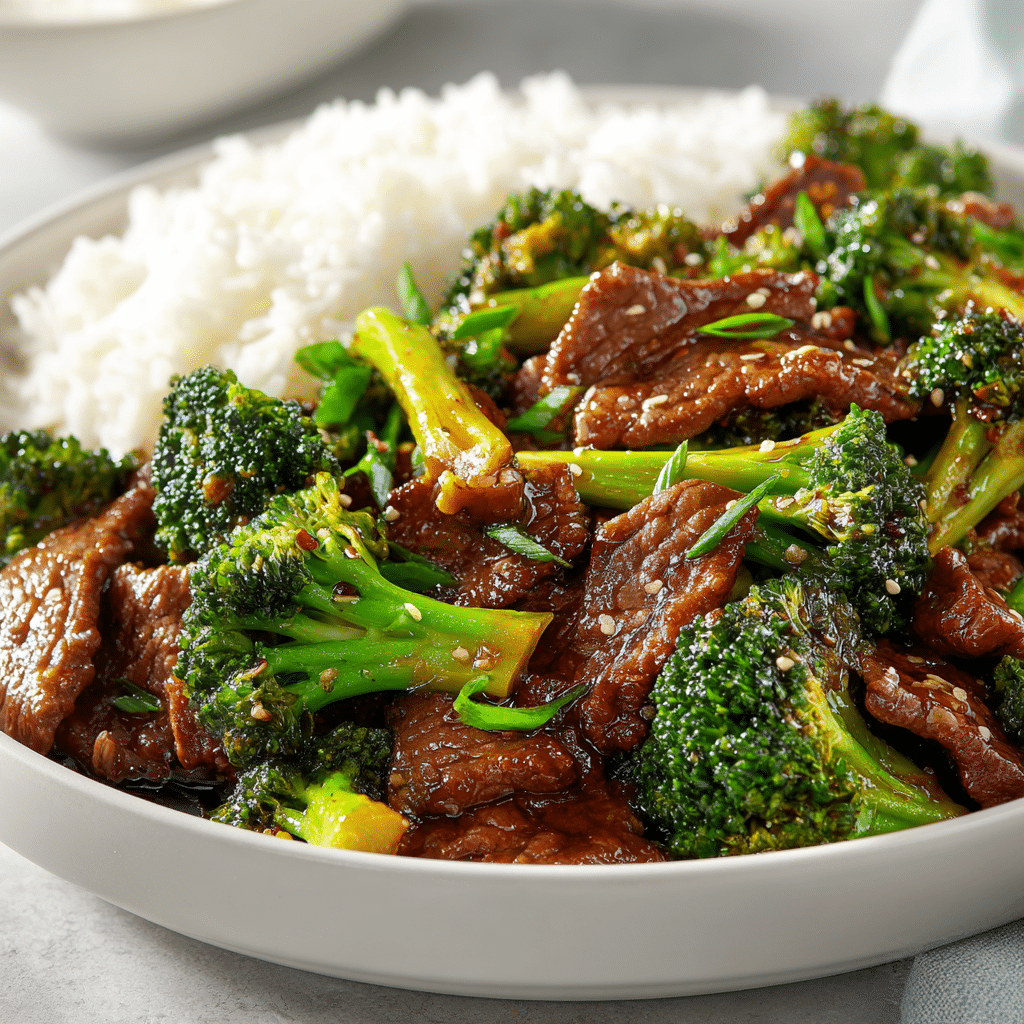 Chinese Beef and Broccoli in glossy garlic soy sauce served on white plate with jasmine rice in background