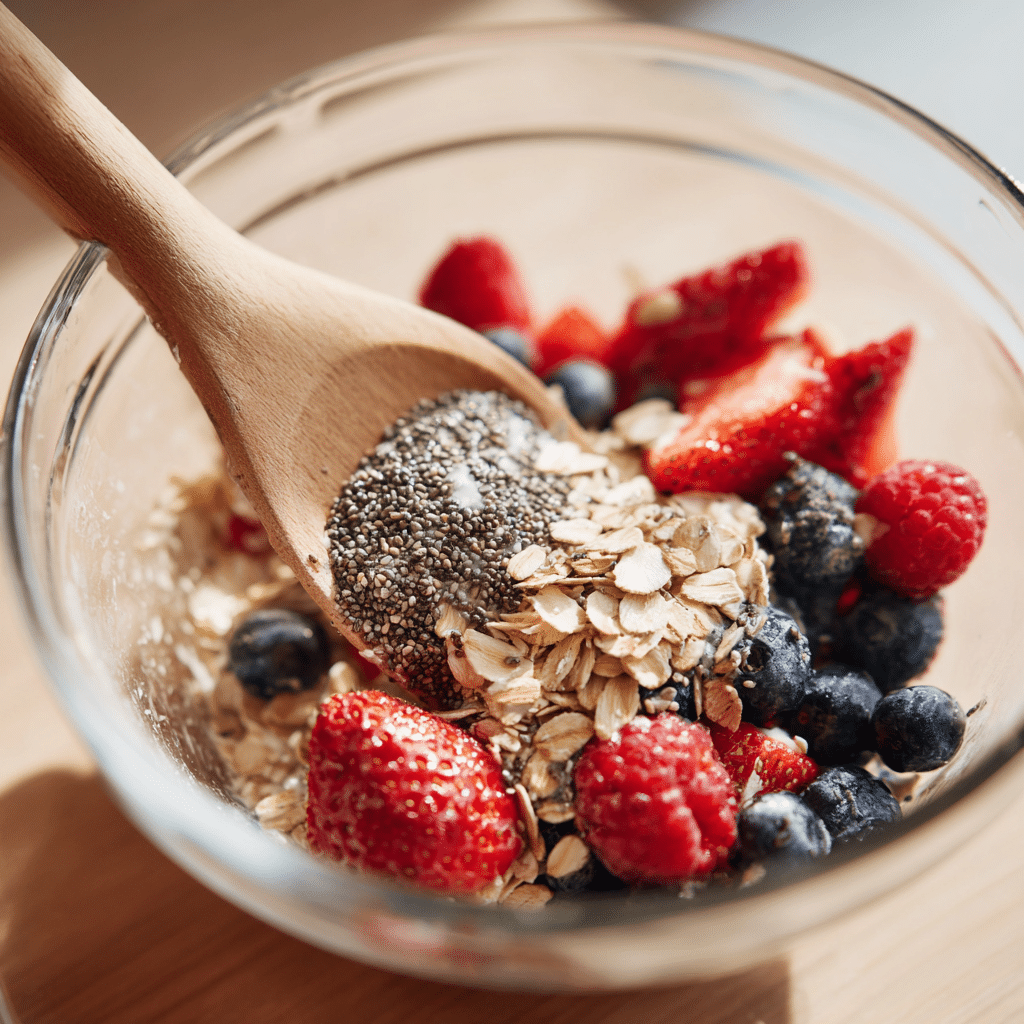 Mixing make-ahead gluten-free overnight oats with berries