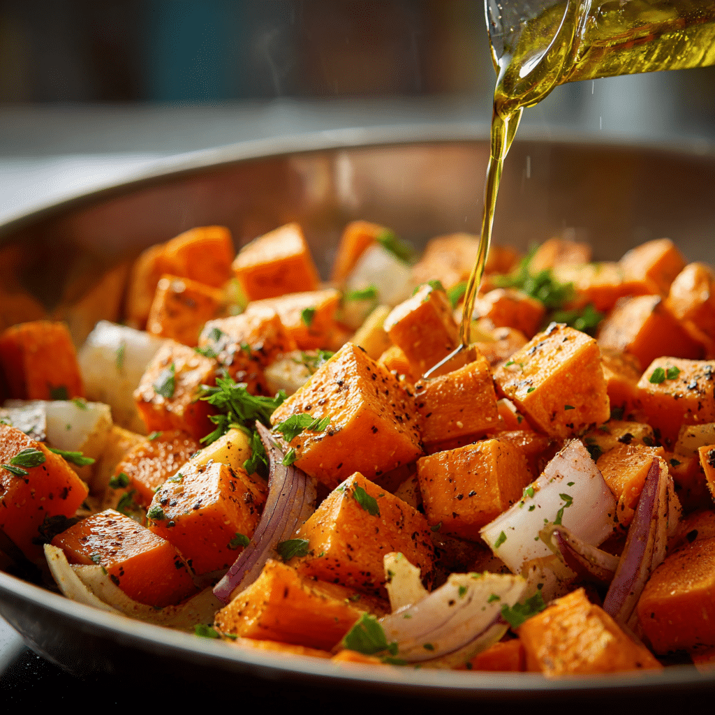 tossing sweet potatoes and vegetables