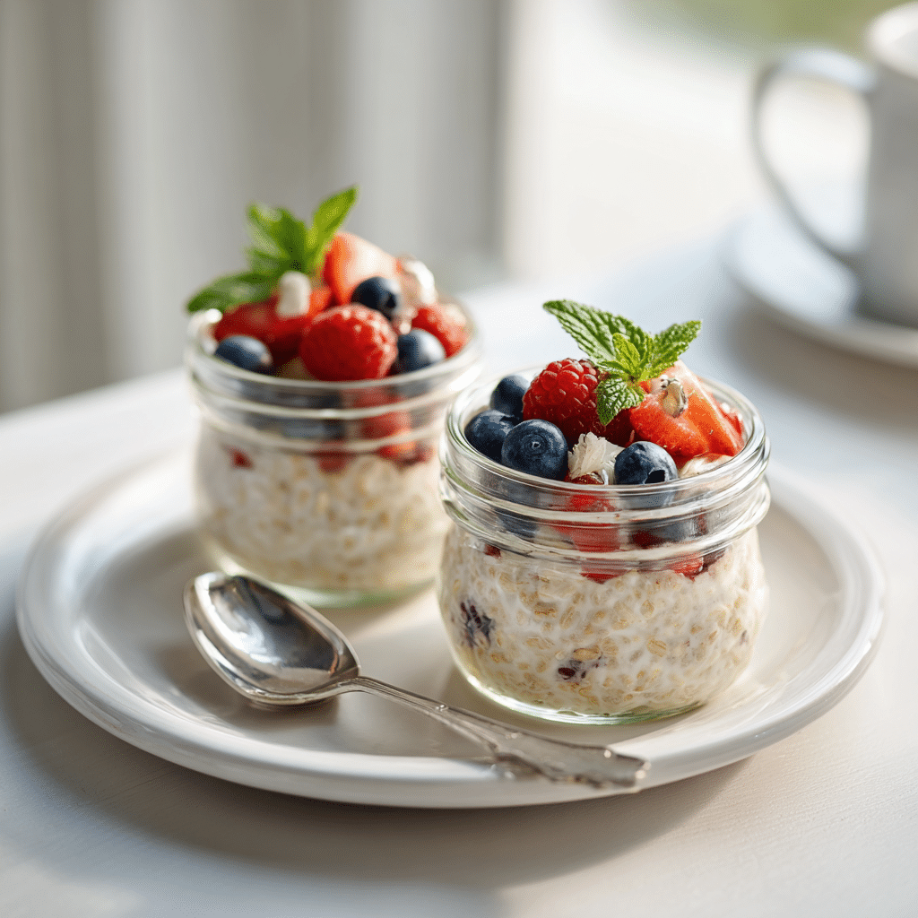 Served make-ahead gluten-free overnight oats with berries