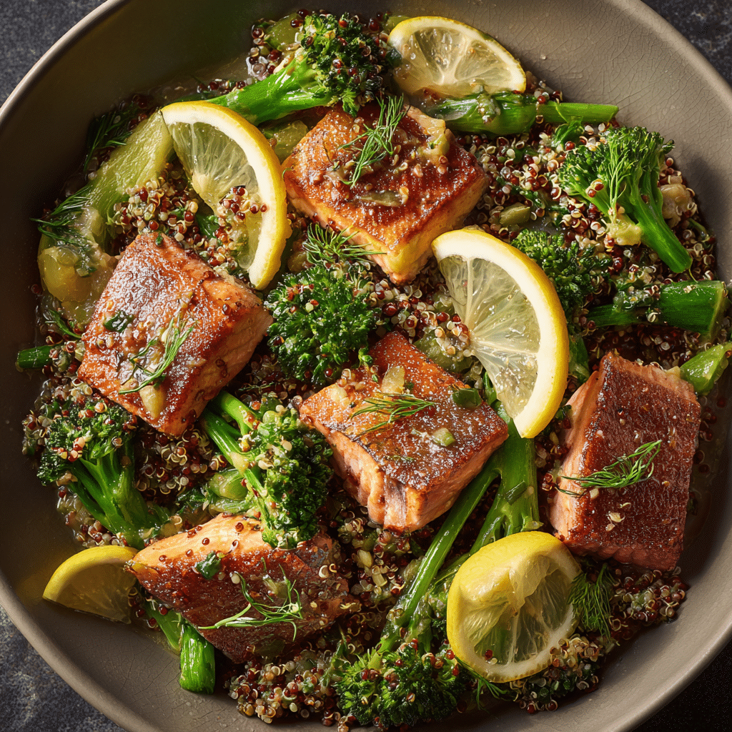 serving roasted salmon with broccoli and quinoa