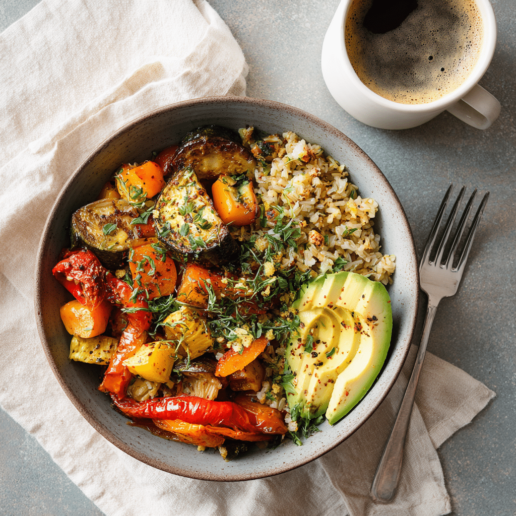 Served Roasted Veggie and Brown Rice Breakfast Bowl ready to eat