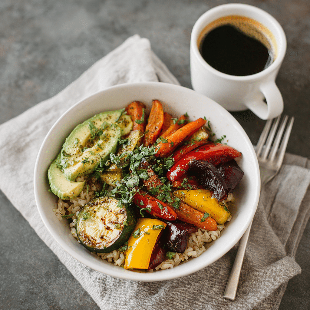 Roasted Veggie and Brown Rice Breakfast Bowl served in rustic morning light