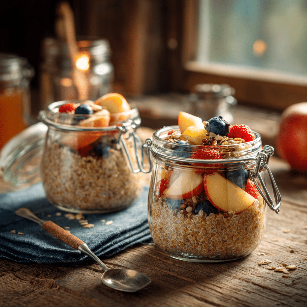 Served quinoa breakfast jars with honey and nuts