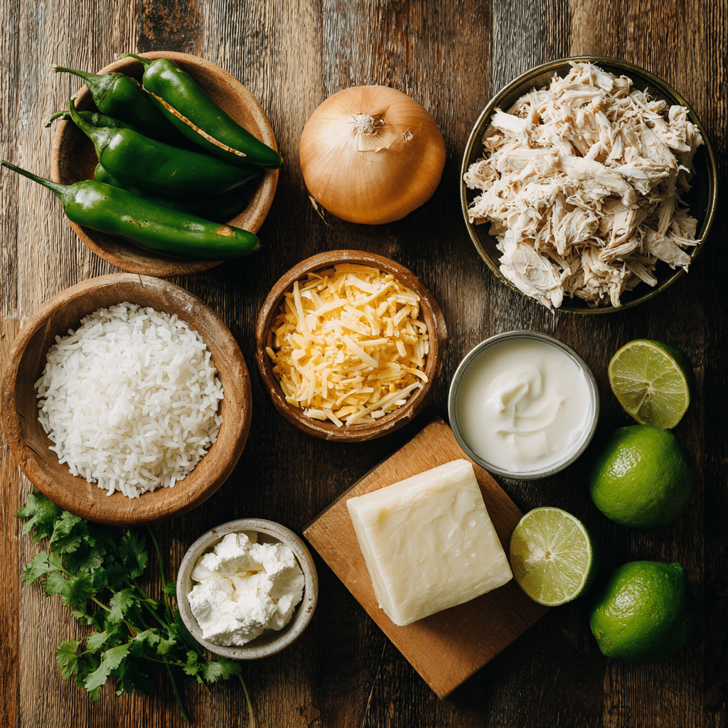 Ingredients for gluten free one pot green chili chicken and rice