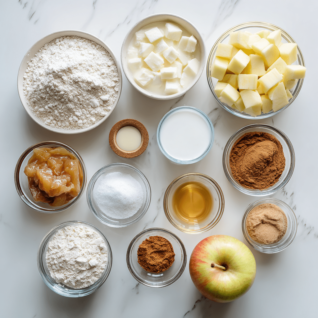 Ingredients for mini apple muffins (vegan and gluten-free) neatly arranged in bowls on a white marble countertop.