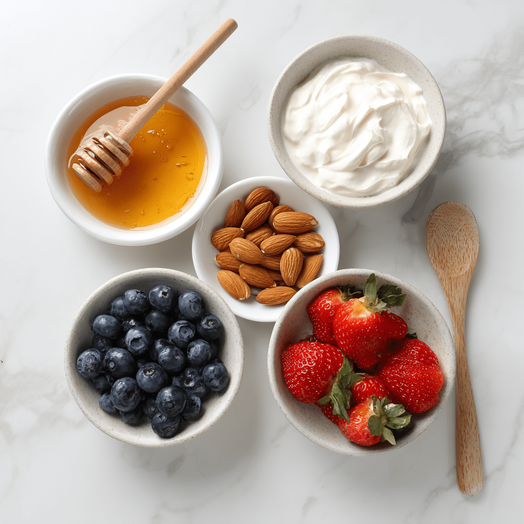 Ingredients for frozen Greek yogurt bars arranged on a white marble surface