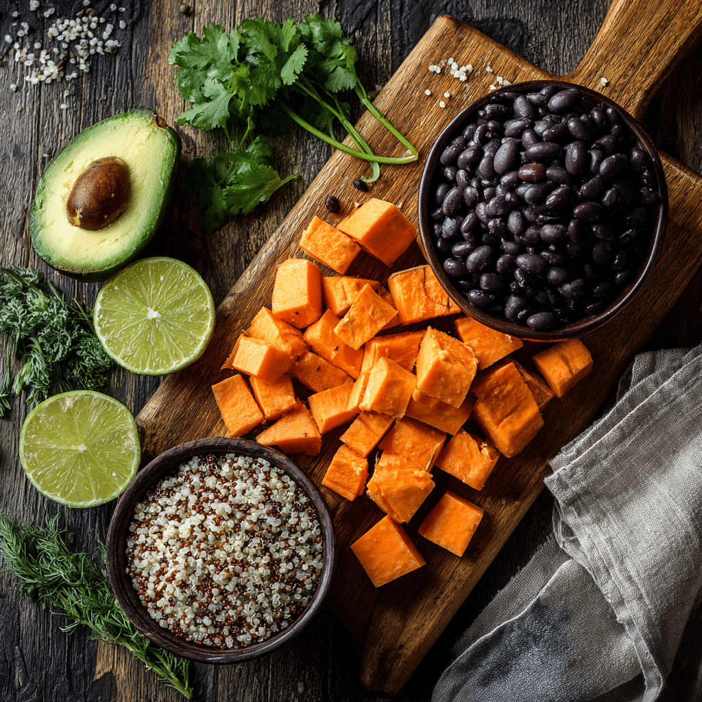 ingredients for sweet potato and black bean bowls