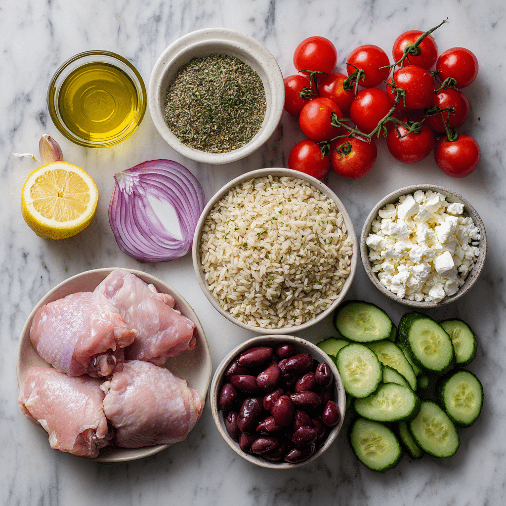 Ingredients for Greek Chicken Bowls with Brown Rice