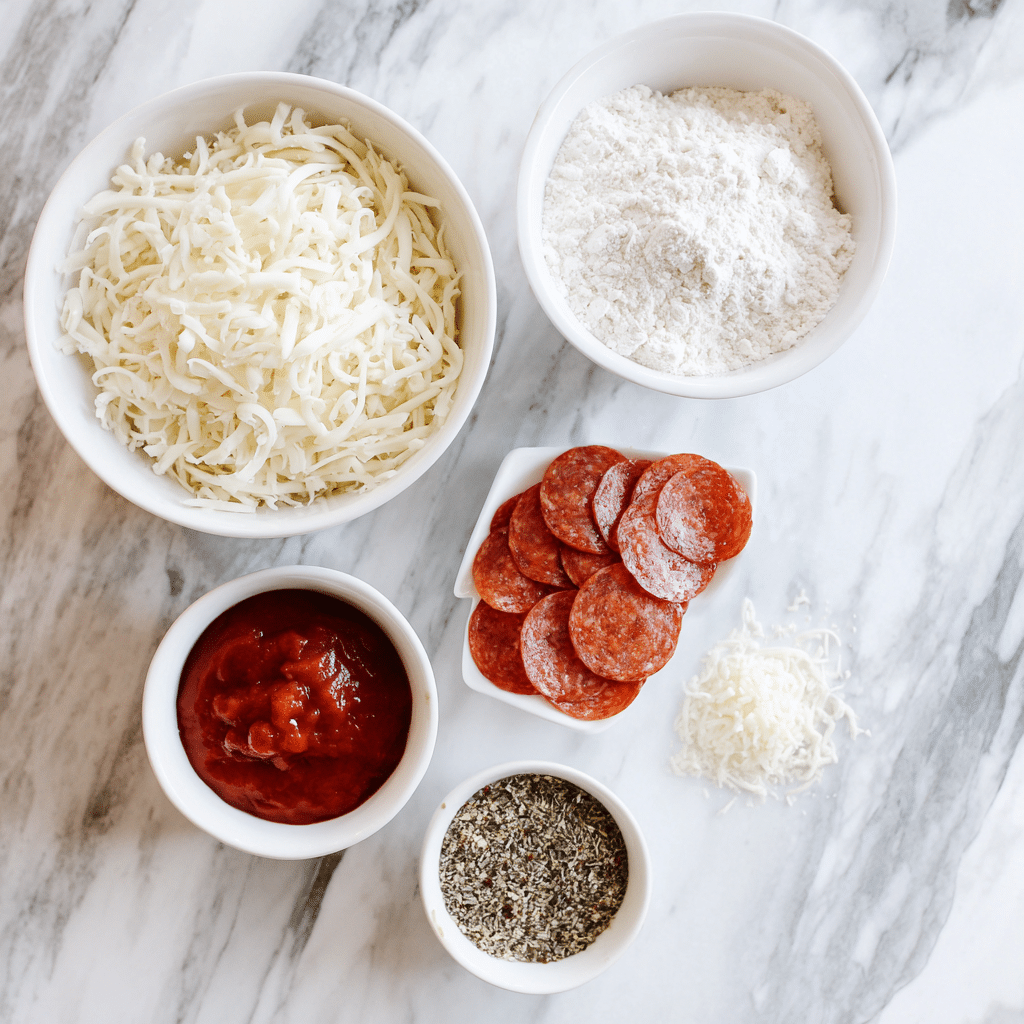 Flat lay of ingredients for gluten free pizza bites on a marble counter.
