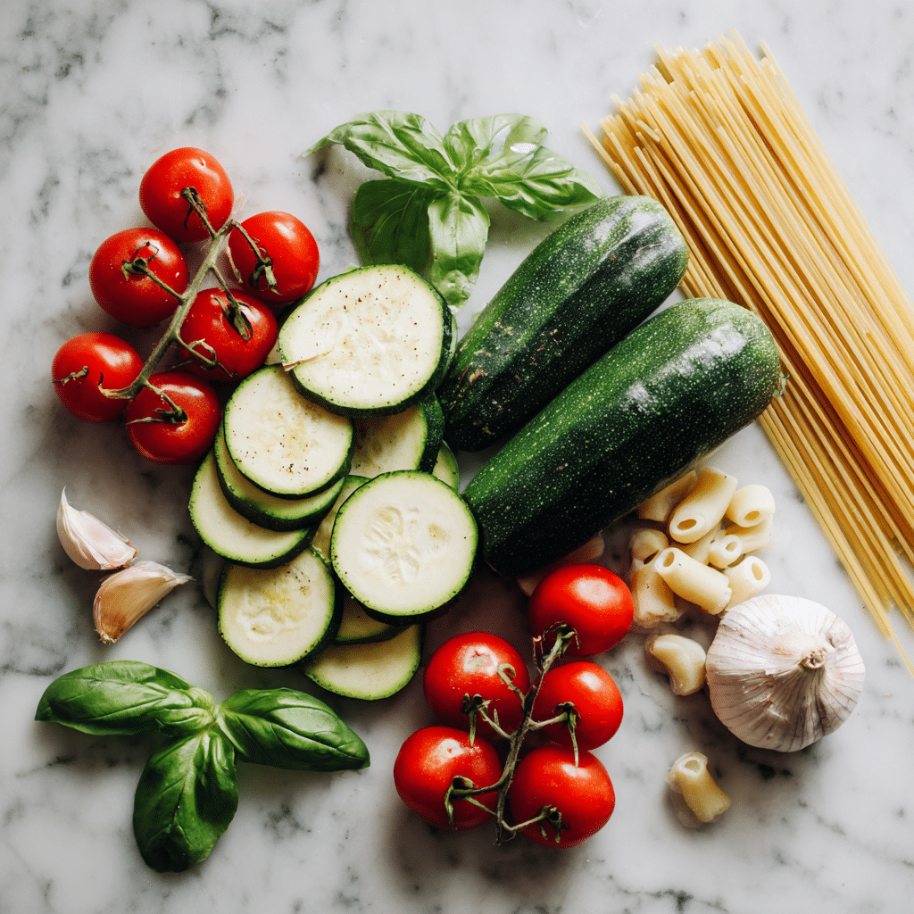 Ingredients for zucchini with pasta and tomatoes