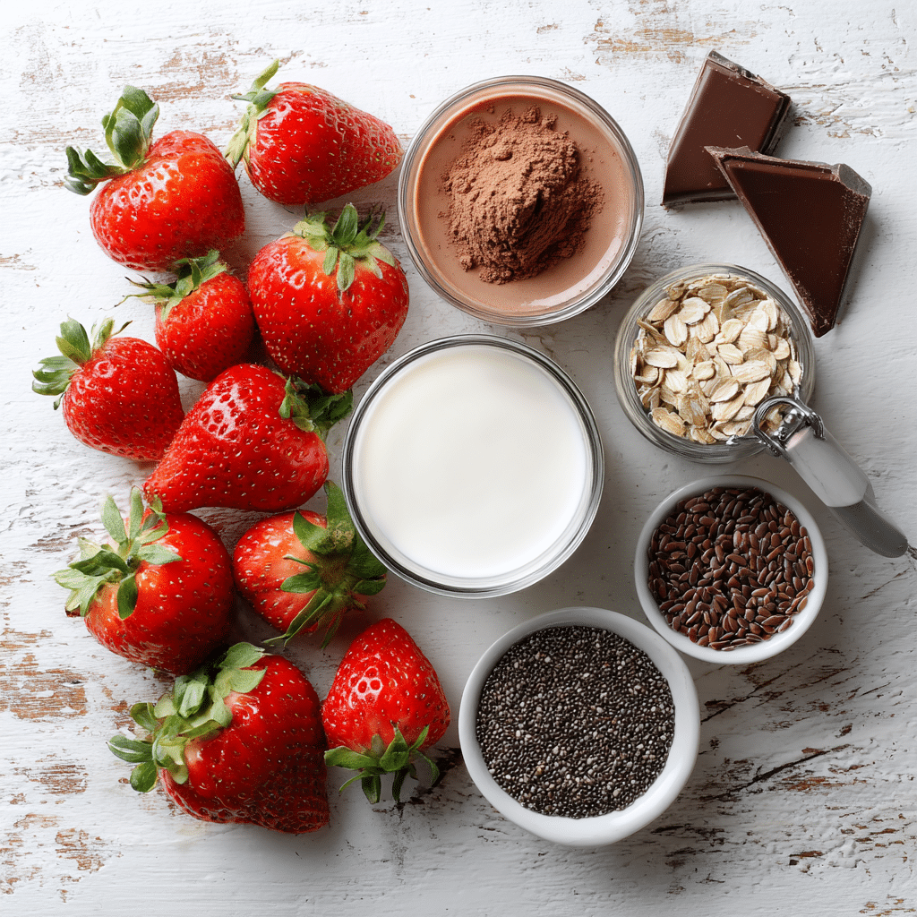 Ingredients for Chocolate Covered Strawberry Protein Smoothie
