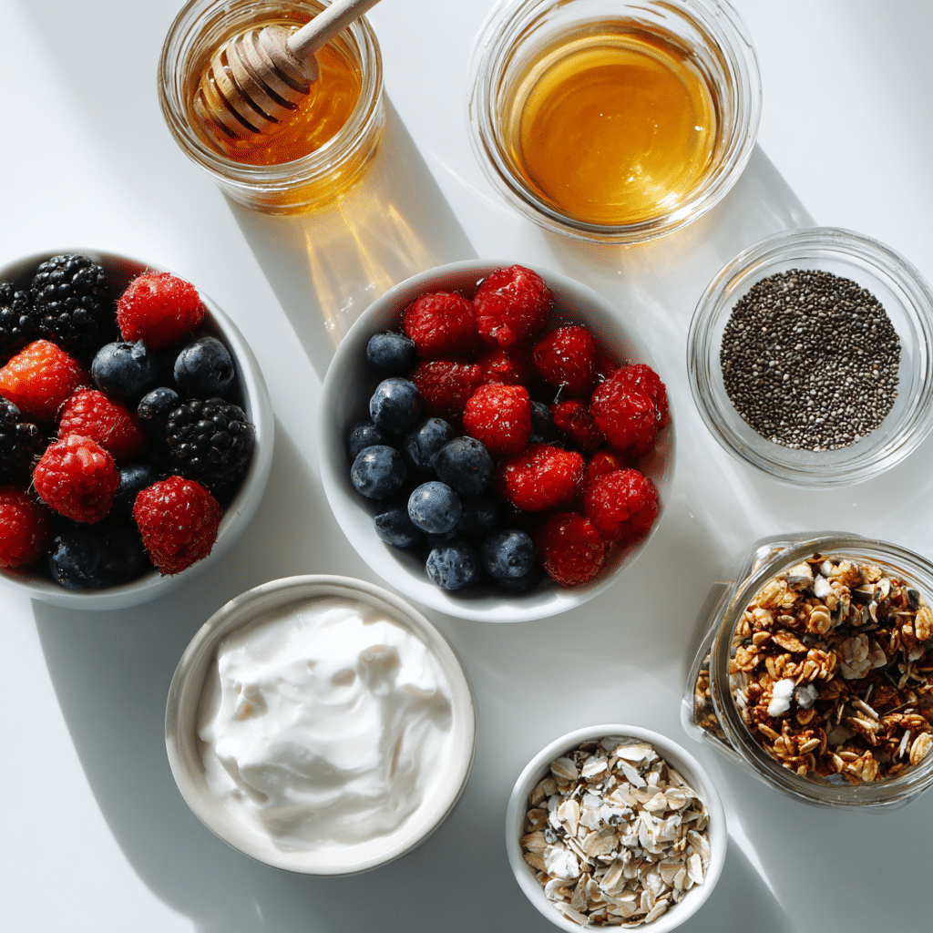 Ingredients for gluten-free yogurt parfaits in mason jars