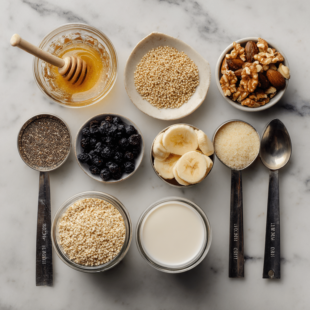 Ingredients for quinoa breakfast jars with honey and nuts